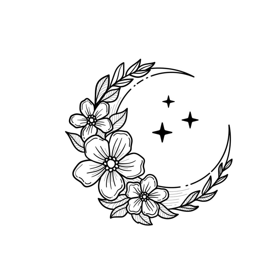 delineare la luna crescente floreale con fiori, rami frondosi e stelle isolati su sfondo bianco, vettore
