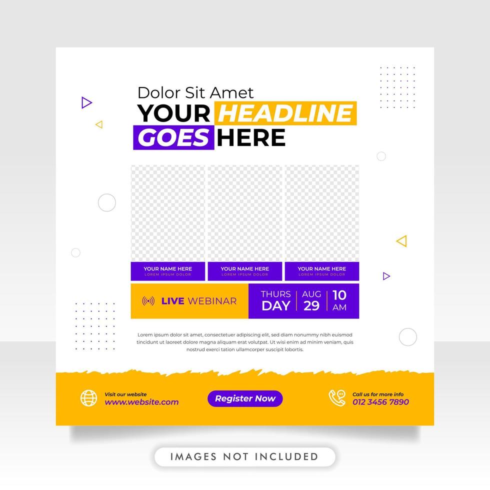 webinar dal vivo di marketing digitale e modello di post sui social media per conferenze aziendali vettore