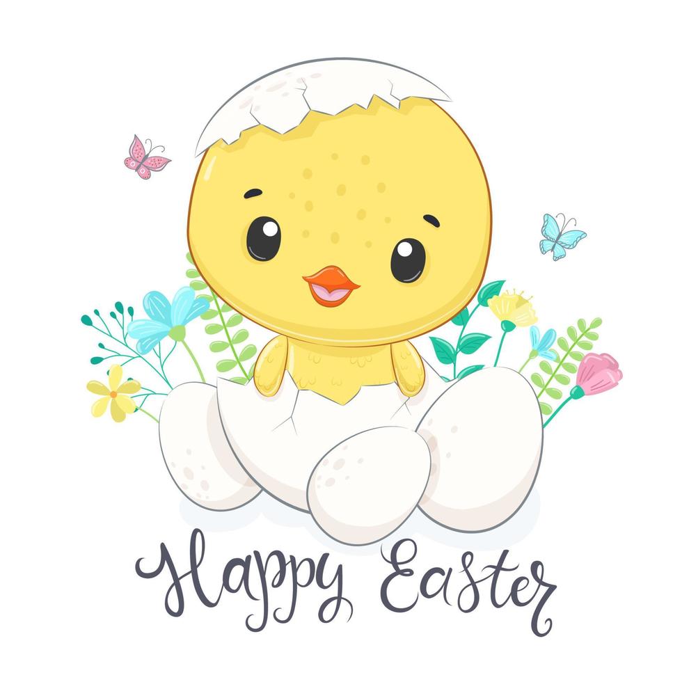 Buona Pasqua. pulcino carino con le uova. illustrazione vettoriale. vettore
