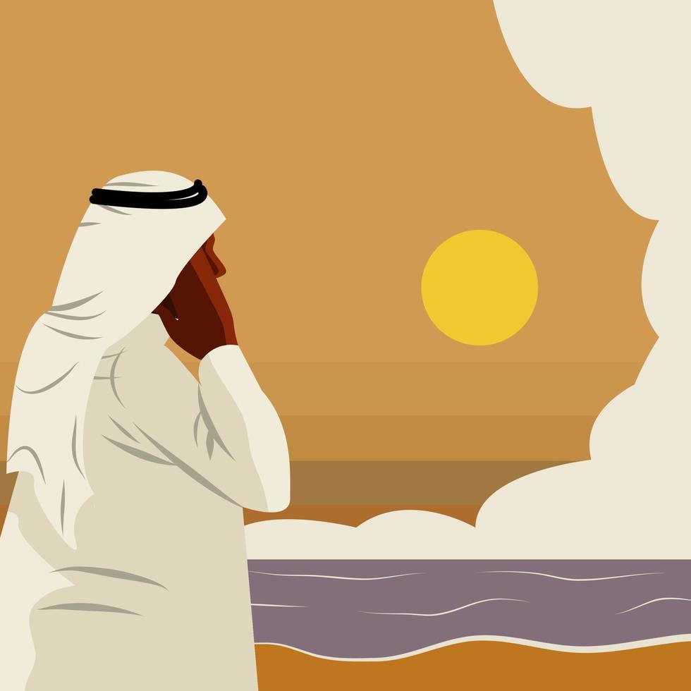 l'arabo fa adzan sulla spiaggia al tramonto vettore