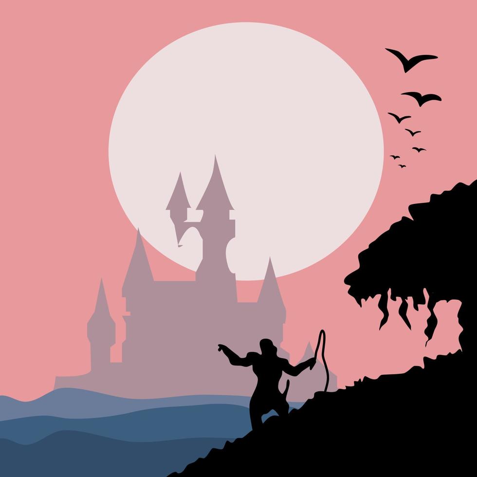 cavaliere di fronte al castello sotto la luna piena vettore