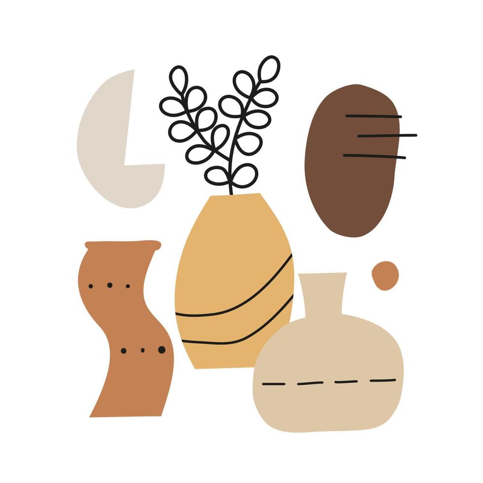 collage contemporaneo astratto arte minimale con vasi, piante e forme geometriche iolate su sfondo bianco. poster di metà secolo in marrone e colori pastello. vettore