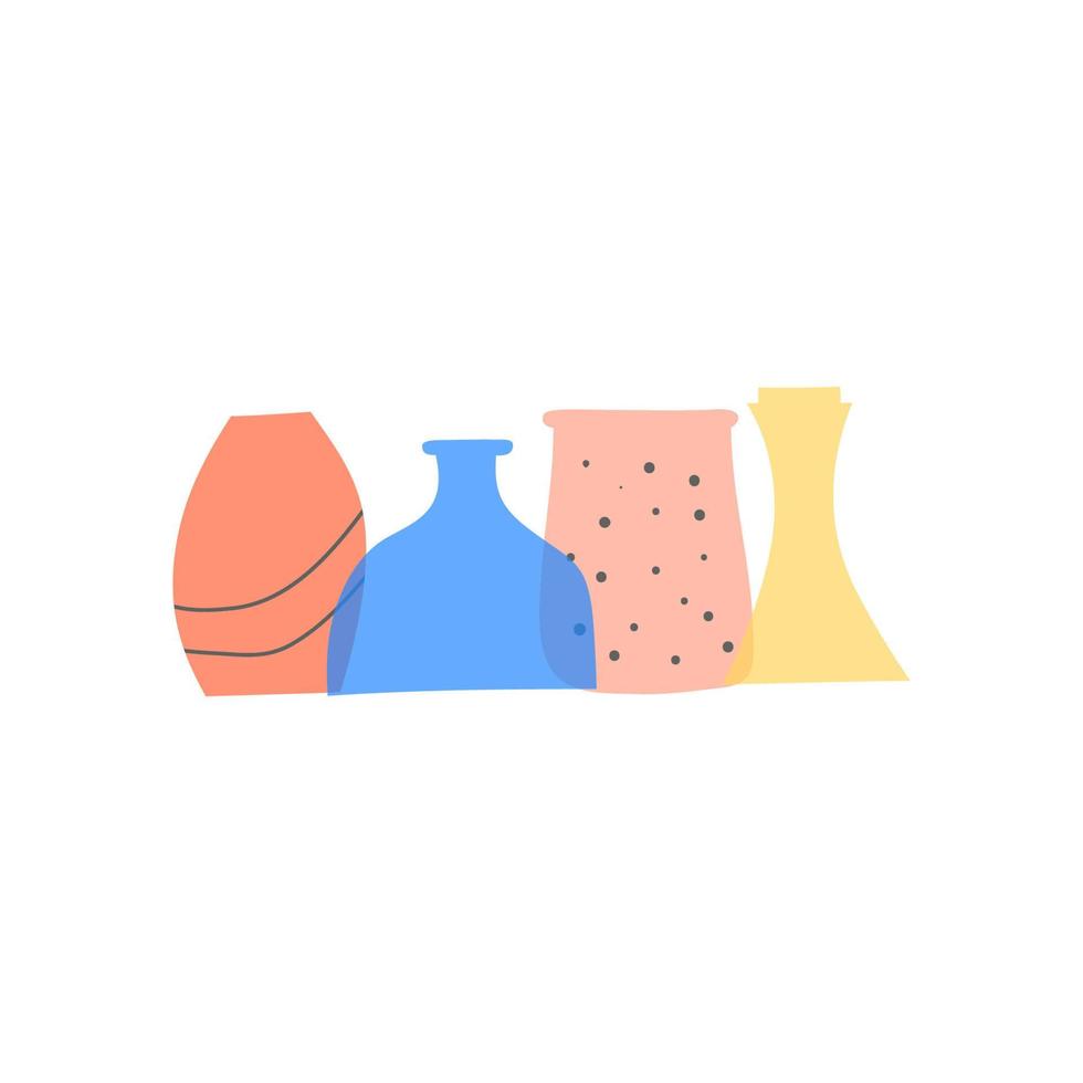 gruppo di vasi colorati doodle in stile minimalismo con punti, strisce isolati su sfondo bianco. vettore