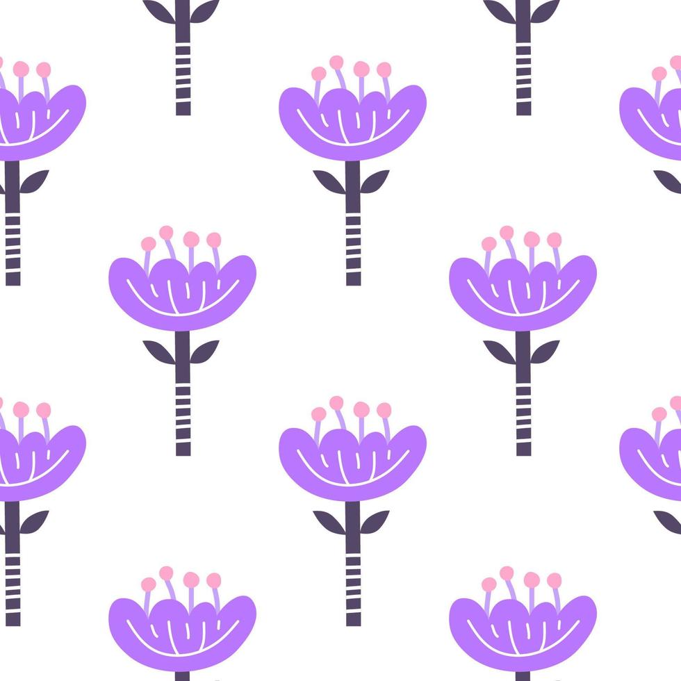 modello senza cuciture bianco con fiori viola doodle in stile arte popolare scandinava. vettore