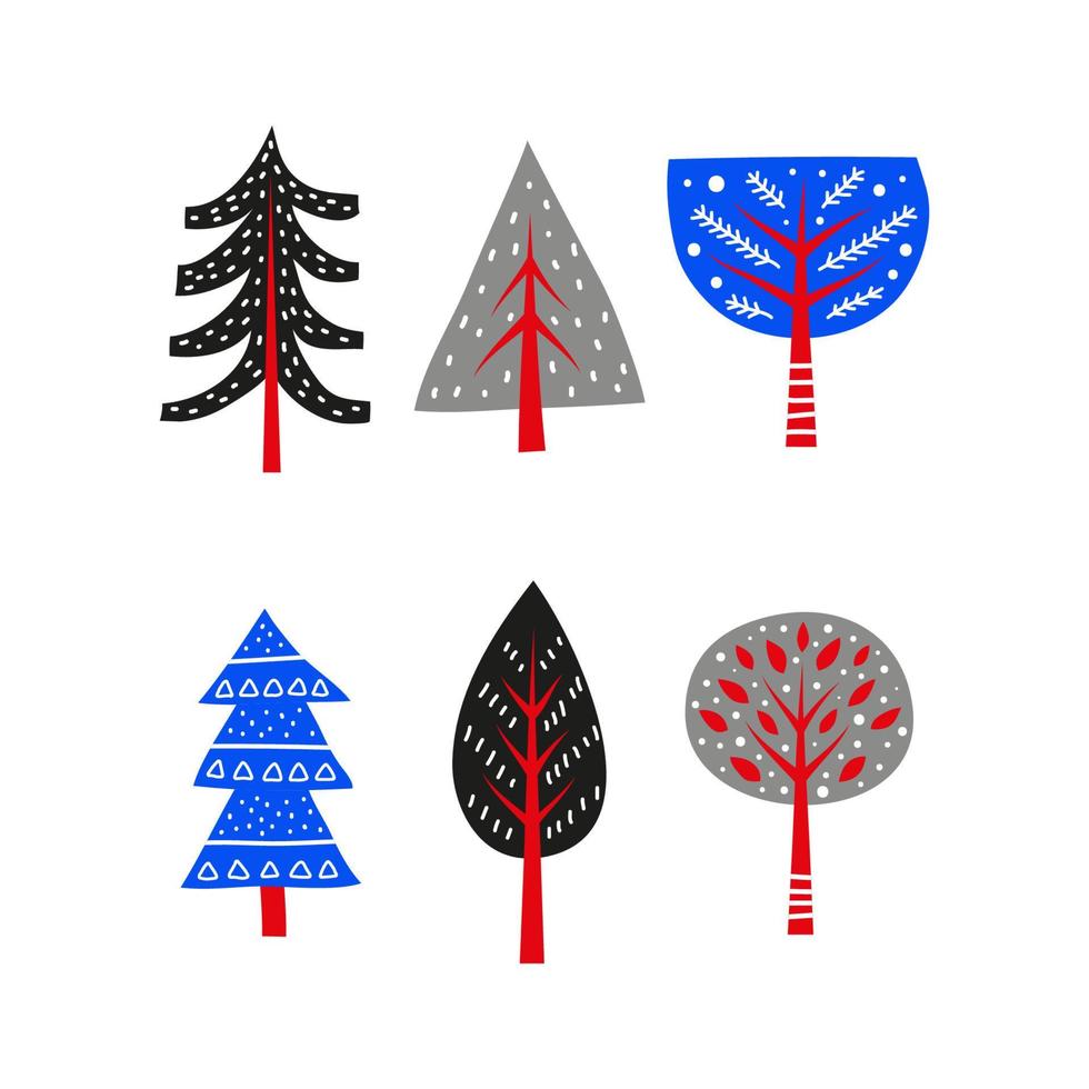 set di abeti, pini, alberi forestali in stile minimalista scandinavo isolati su sfondo bianco. vettore