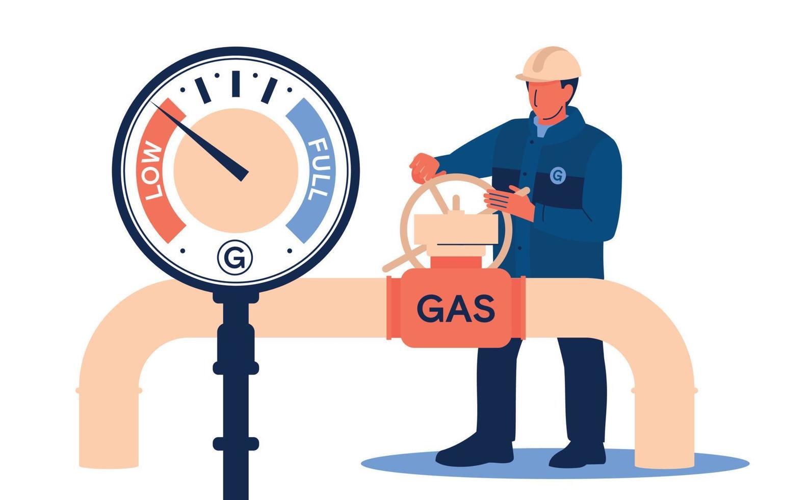 gas dalla russia. sanzioni. un lavoratore di sesso maschile gira una valvola su un gasdotto. immagine vettoriale. vettore