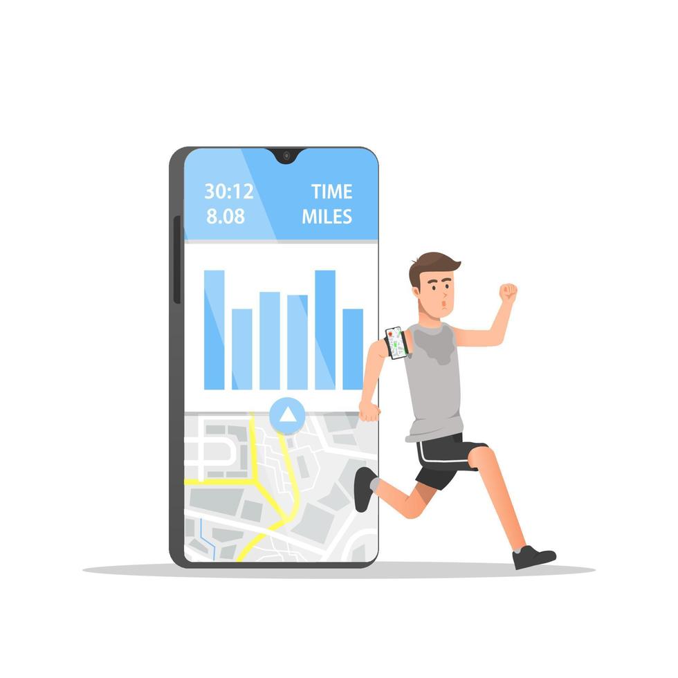 un uomo che corre con l'illustrazione dell'app mobile vettore