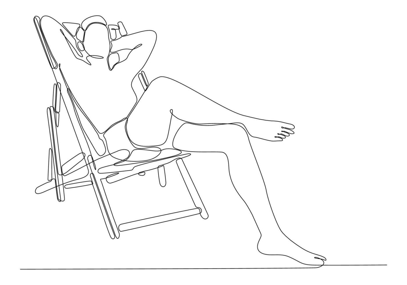 disegno a linea continua dell'uomo che beve un cocktail e si siede sulla sedia a sdraio sulla spiaggia isolata su sfondo bianco illustrazione vettoriale