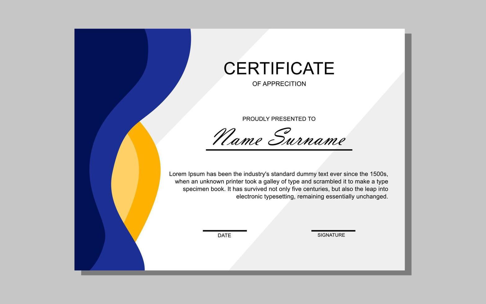 design certificato in stile moderno giallo e blu vettore