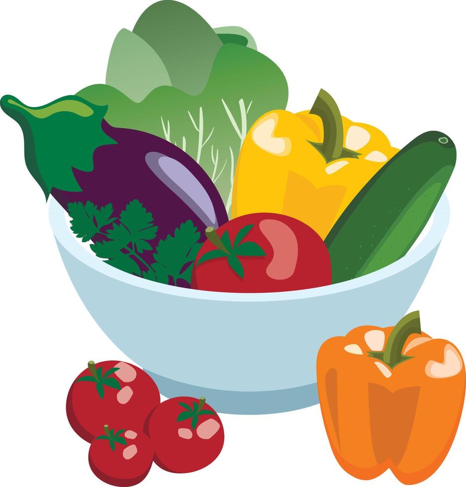 ciotola di verdure fresche. pomodori, cetrioli, peperoni, lattuga, melanzane e verdure. isolato su sfondo bianco vettore