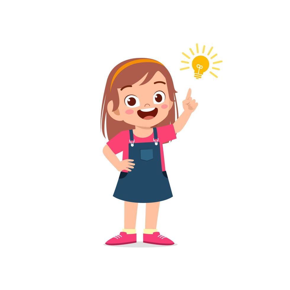 cute little kid girl show idea posa espressione con il segno della lampadina vettore