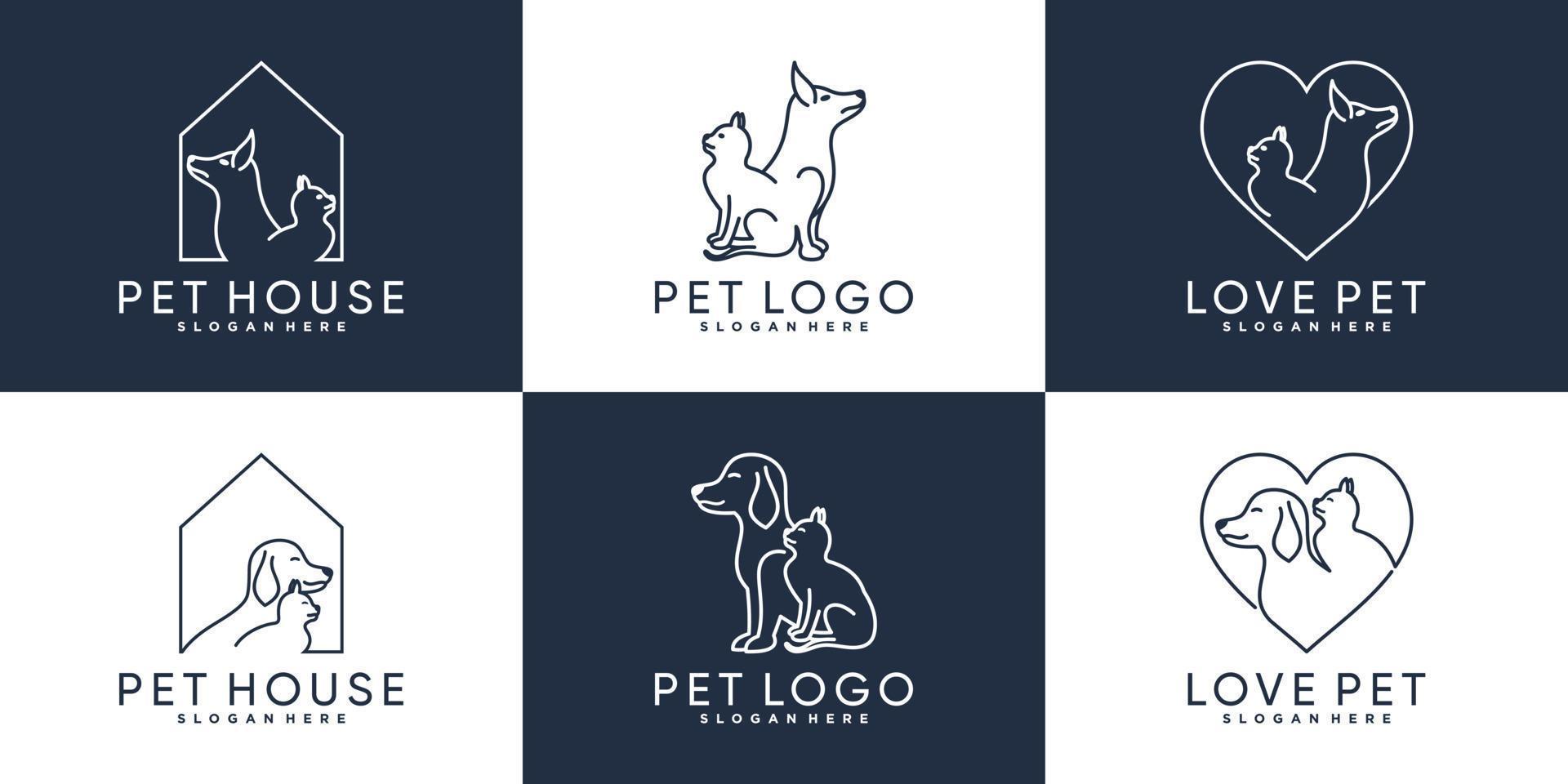 set di design del logo di cane e gatto con stile art linea e vettore premium elemento creativo