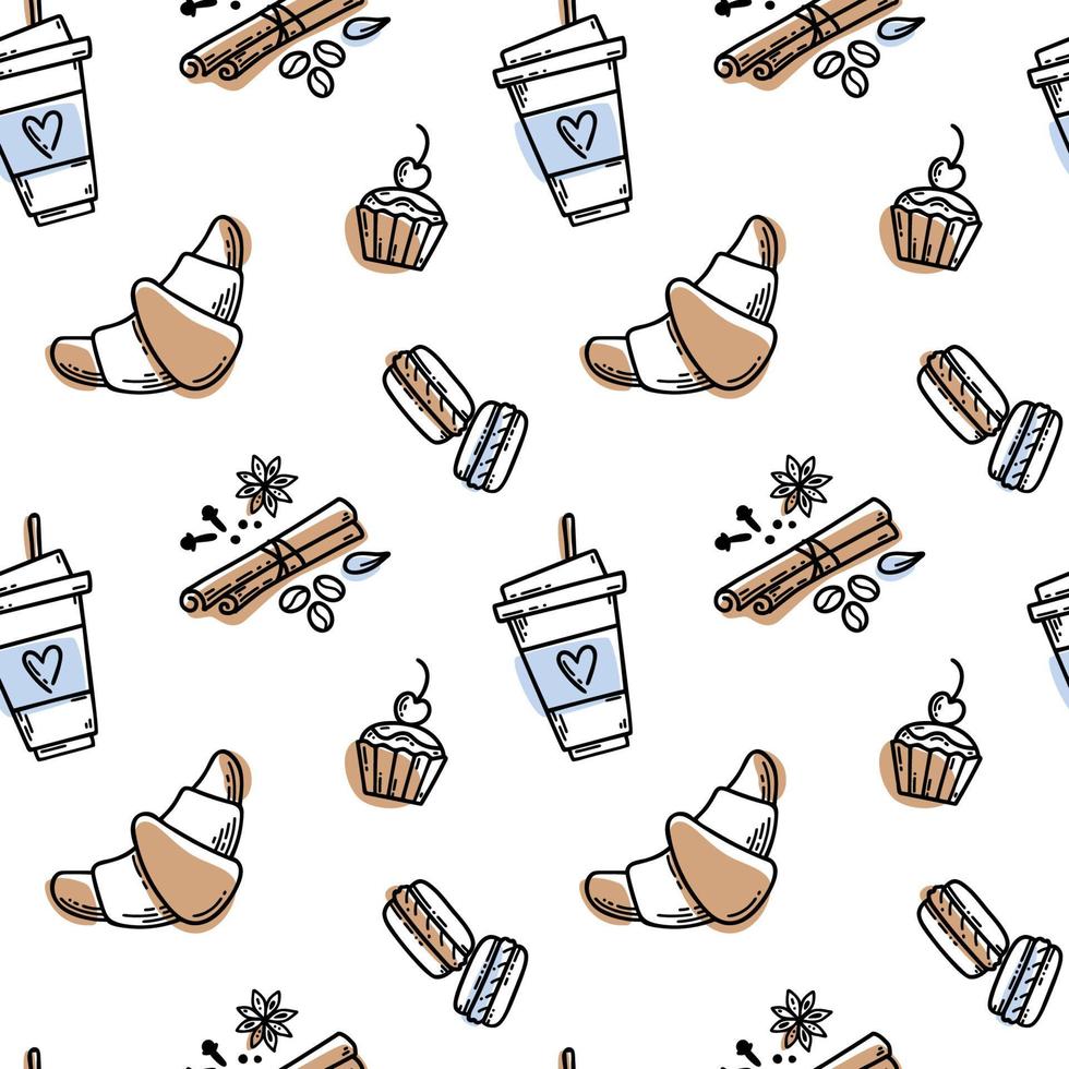 modello di tè o caffè in stile schizzo disegnato a mano di vettore. tazza di caffè, spezie e chicchi di caffè, amaretti, torta, croissant. vettore