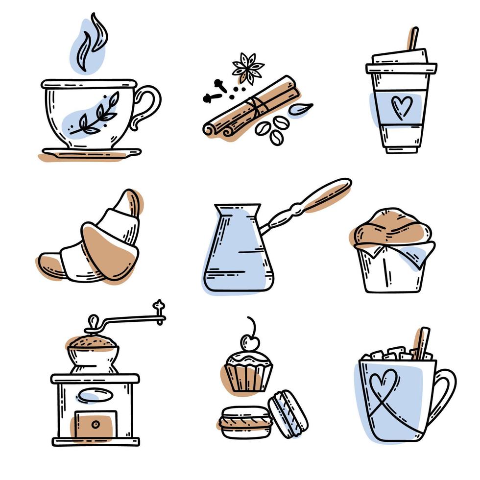 set da caffè disegnato a mano. illustrazione dello schizzo vettoriale con tazza, cezve, spezie, macinacaffè, croissant e altri dessert