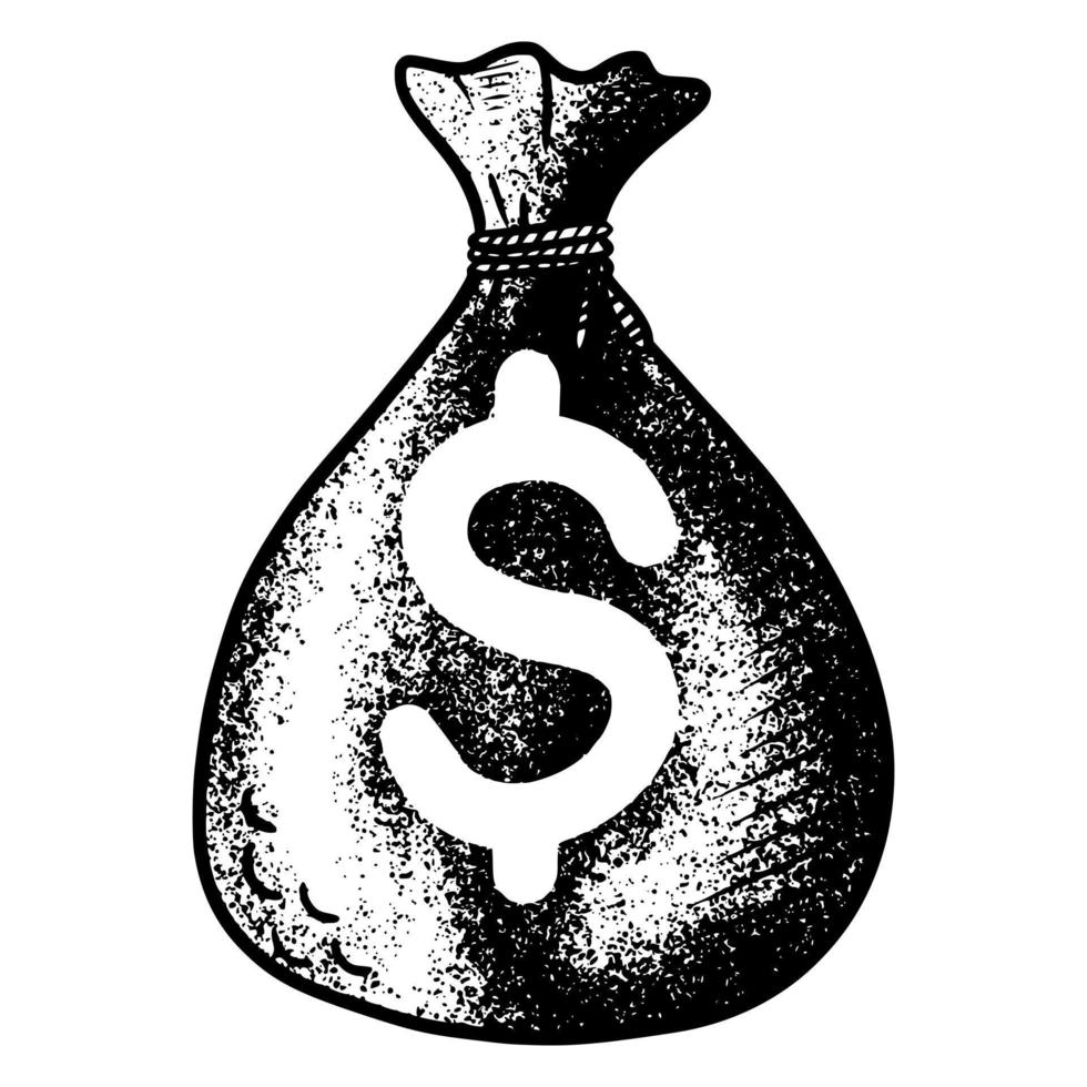 borsa dei soldi disegnata a mano con il simbolo del dollaro isolato su priorità bassa bianca. illustrazione vettoriale. vettore