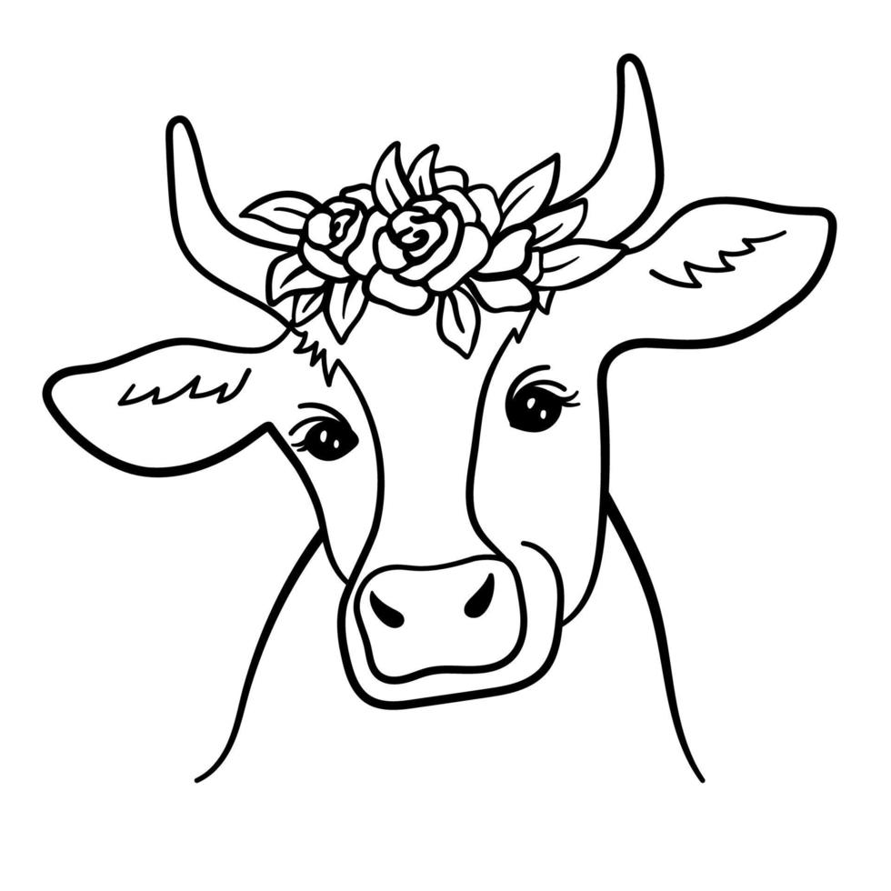 ritratto di mucca con fiori in testa. illustrazione in bianco e nero in stile contorno. vettore viso carino mucca isolato su bianco