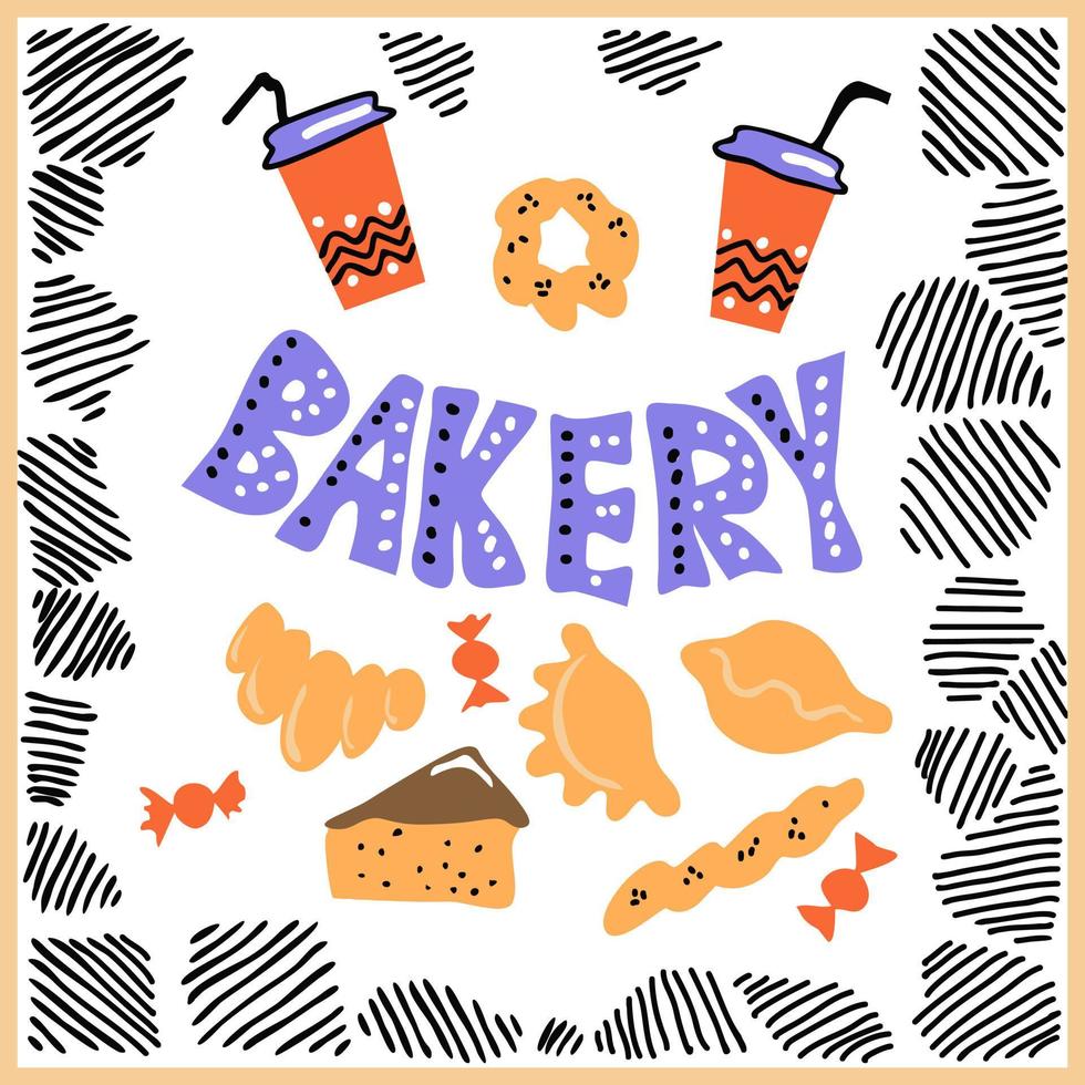 distintivo da forno disegnato a mano di caffè e prodotti da forno. sfondo di prodotti da forno. illustrazione vettoriale. vettore