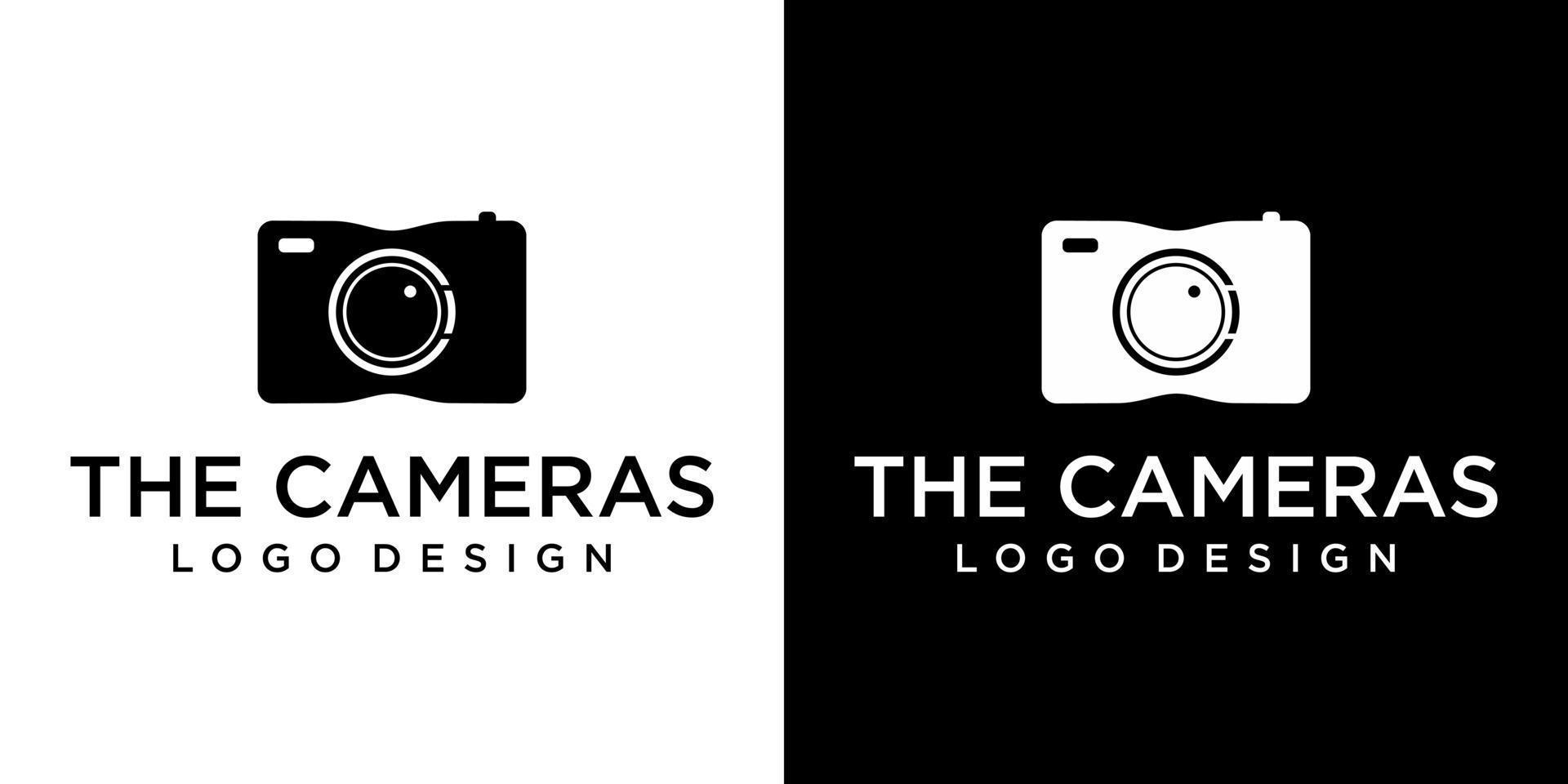 design del logo della fotocamera con sfondo bianco e nero. vettore