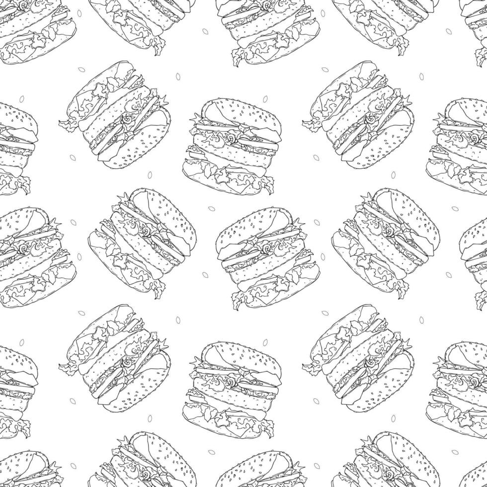 hamburger hamburger modelli disegno di contorno disegnato a mano bianco e nero. illustrazione vettoriale