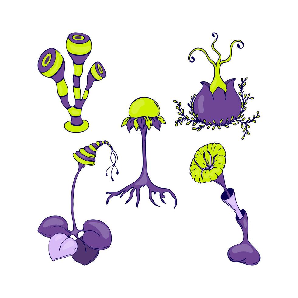 funghi irreale fantastico set magico, doodle disegnato a mano, isolato, sfondo bianco. vettore