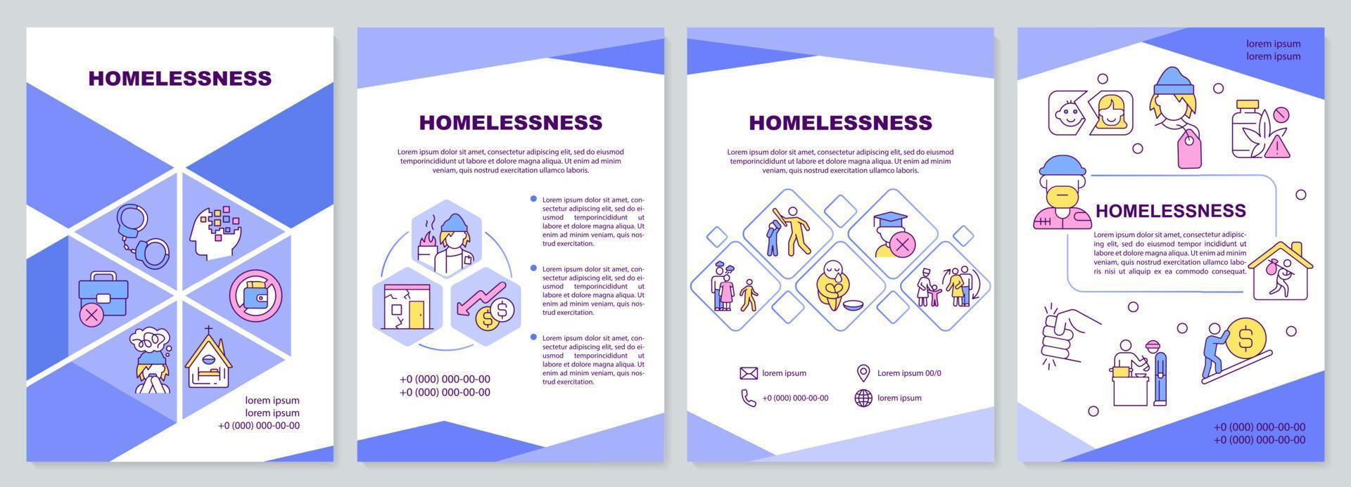 modello di brochure blu per senzatetto. problemi sociali. design volantino con icone lineari. 4 layout vettoriali per la presentazione, relazioni annuali.