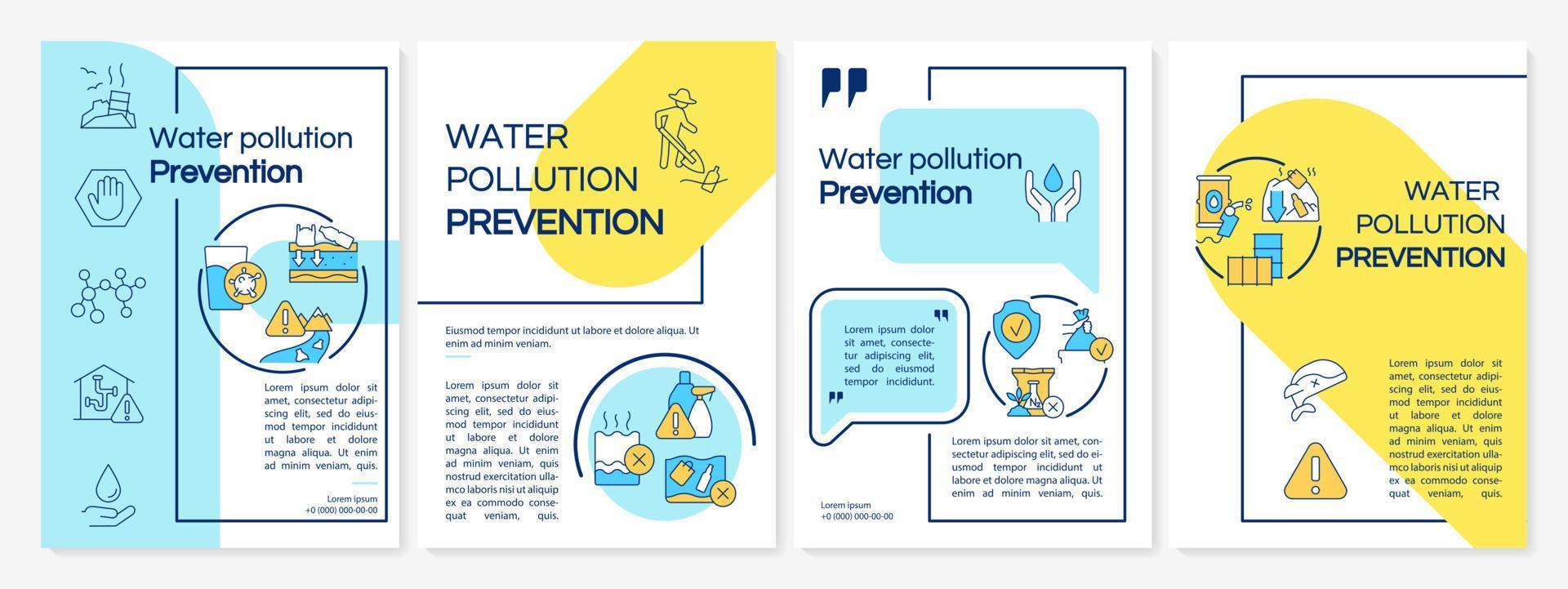 modello di brochure blu e giallo per la riduzione dell'inquinamento idrico. consigli per la conservazione design volantino con icone lineari. 4 layout vettoriali per la presentazione, relazioni annuali.