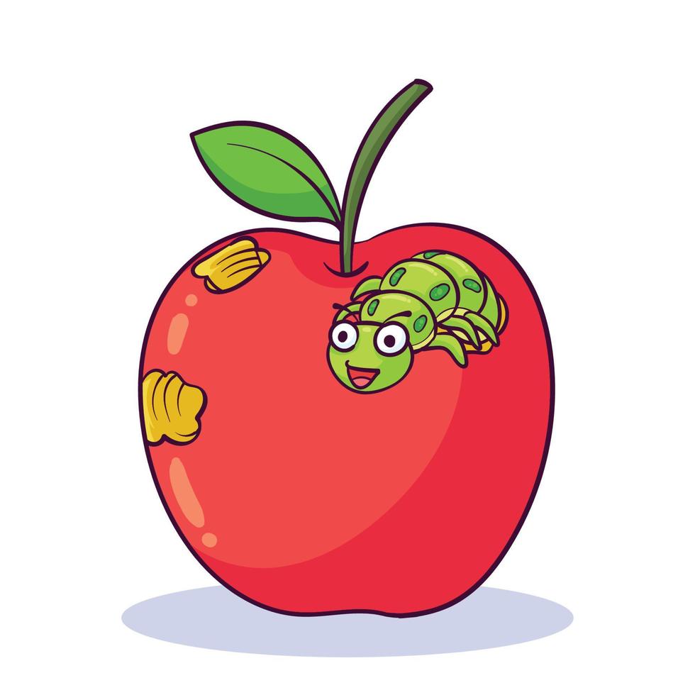 bruco disegnato a mano che mangia mela vettore