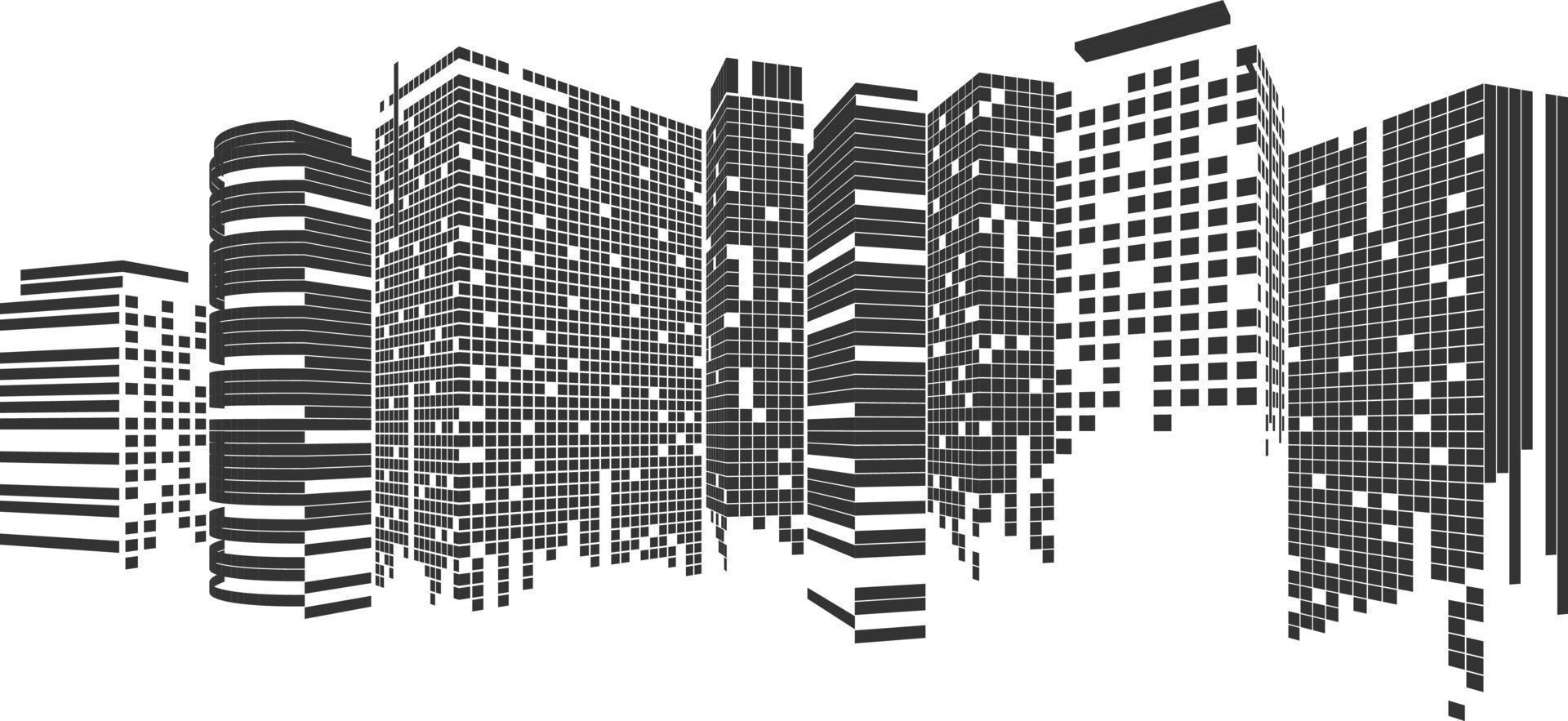 paesaggio urbano su sfondo bianco, prospettiva dell'edificio, edificio moderno nello skyline della città, silhouette della città, grattacieli della città, centro affari vettore