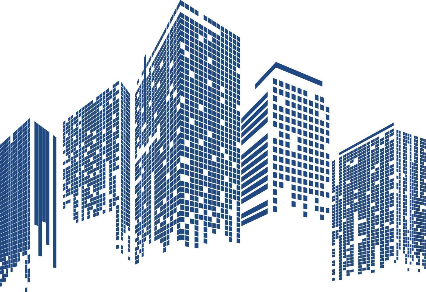 paesaggio urbano su sfondo bianco, prospettiva dell'edificio, edificio moderno nello skyline della città, silhouette della città, grattacieli della città, centro affari vettore