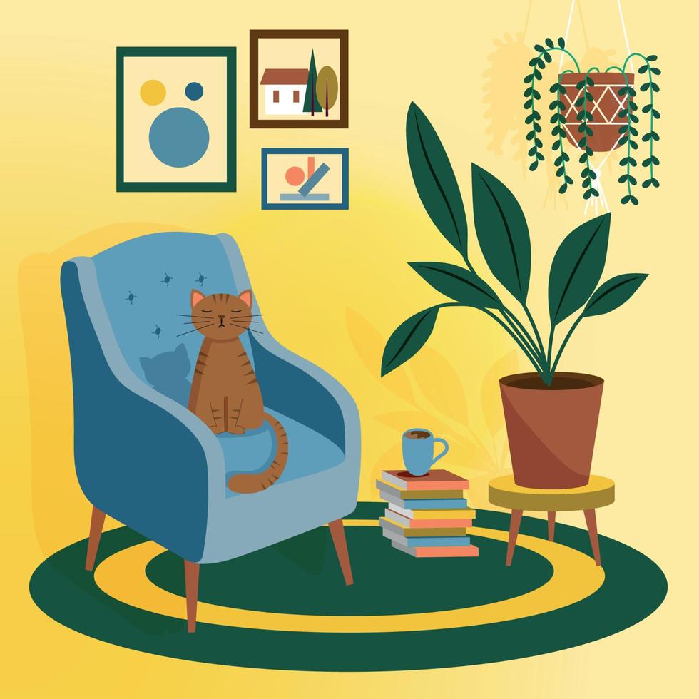 interni accoglienti con poltrona, piante domestiche e gatto. illustrazione vettoriale. concetto. vettore