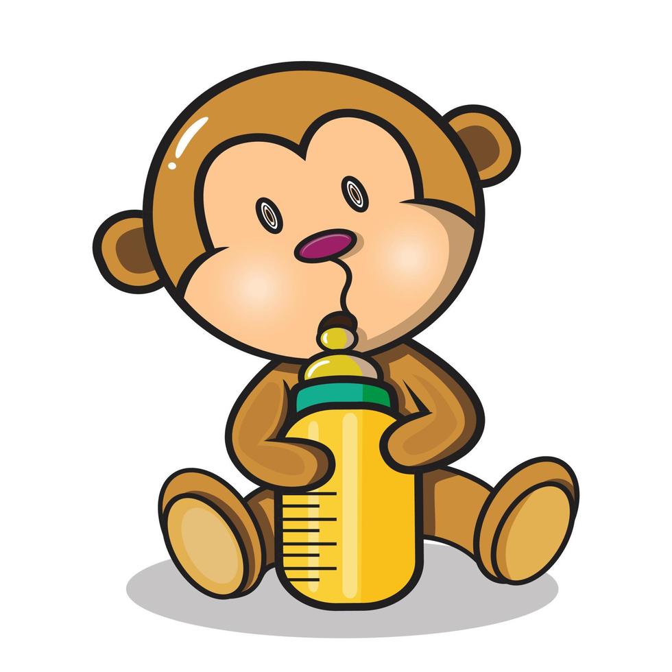 una scimmia carina con in mano una bottiglia di latte vettore