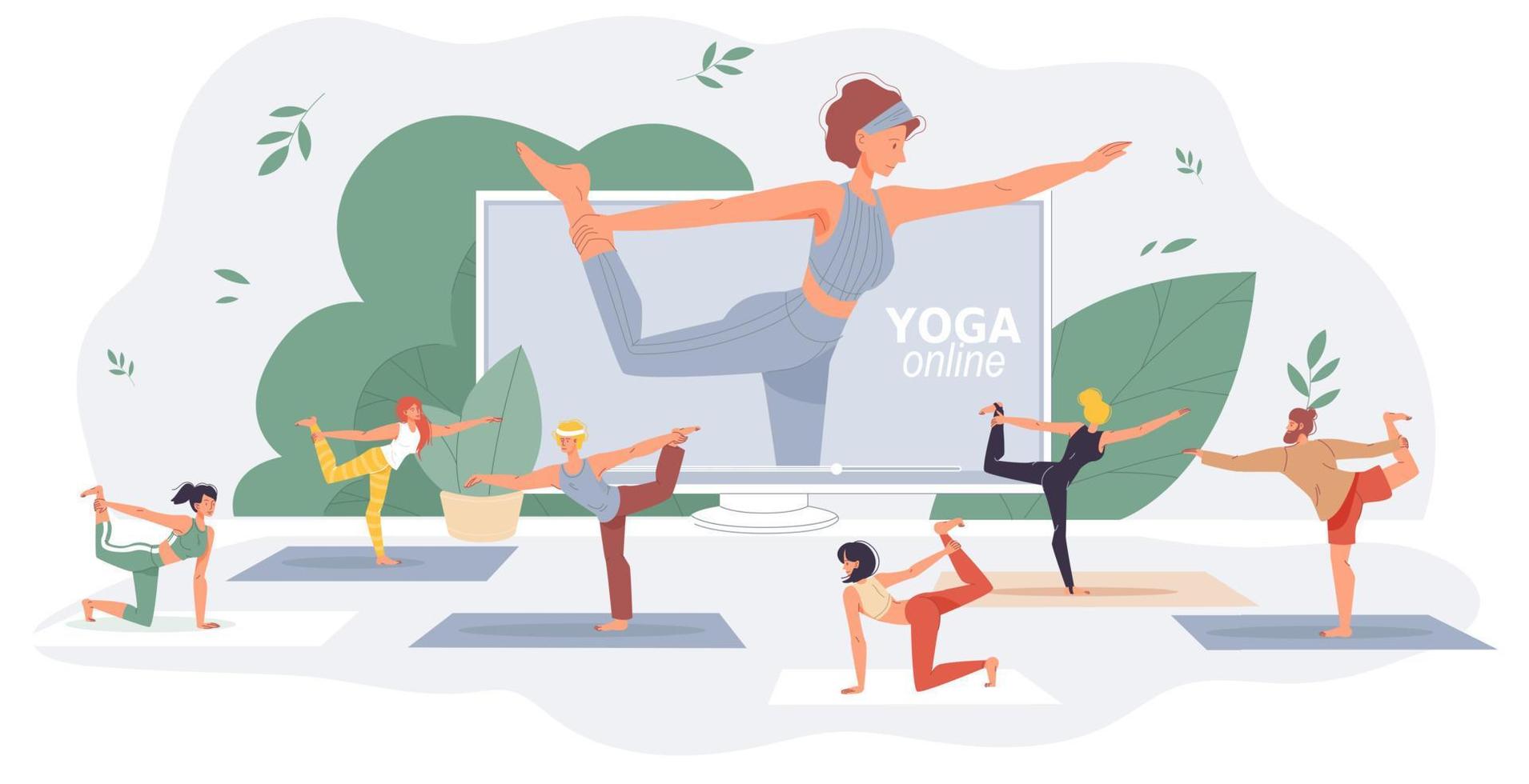 lezioni di yoga fitness su Internet per l'allenamento a casa vettore