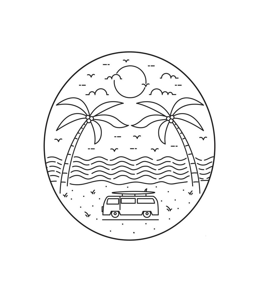 due alberi di cocco gemelli su una bellissima spiaggia in mono line art, design patch badge, design emblema, design t-shirt vettore