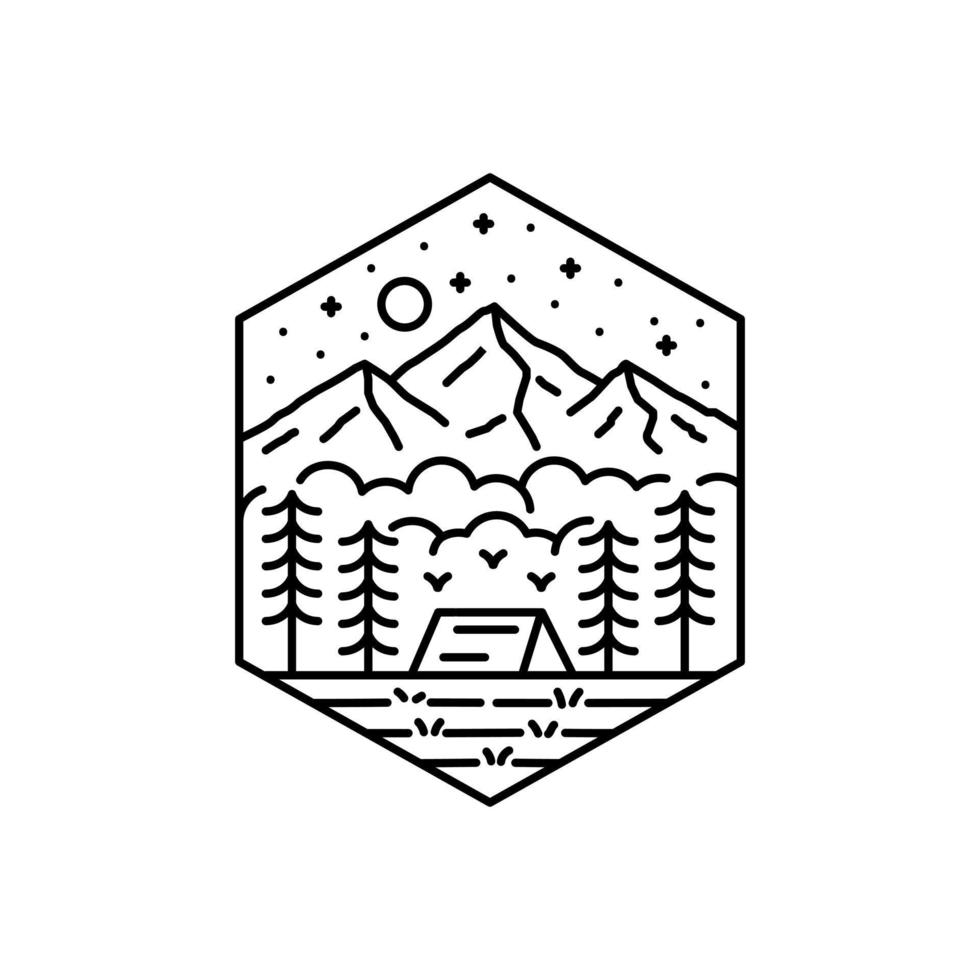 campeggio sotto le montagne in arte al tratto mono, illustrazione grafica pin patch badge, design t-shirt arte vettoriale