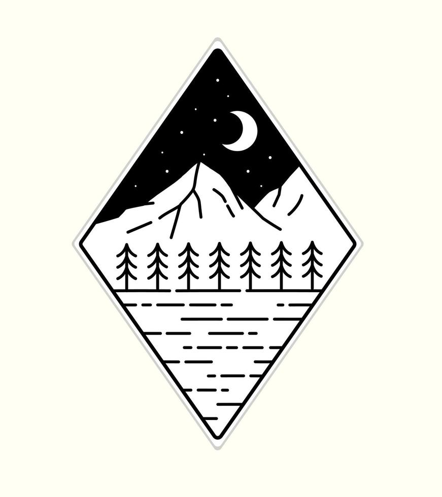 montagna, alberi e lago con bella mezzaluna wild line badge patch pin illustrazione grafica grafica vettoriale t-shirt design