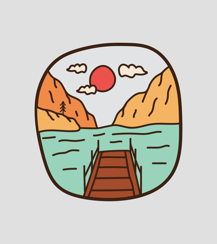 vista di un molo di legno sulla spiaggia con una collina dietro di essa in una giornata nuvolosa per il design di t-shirt, design del badge con emblema patch vettore