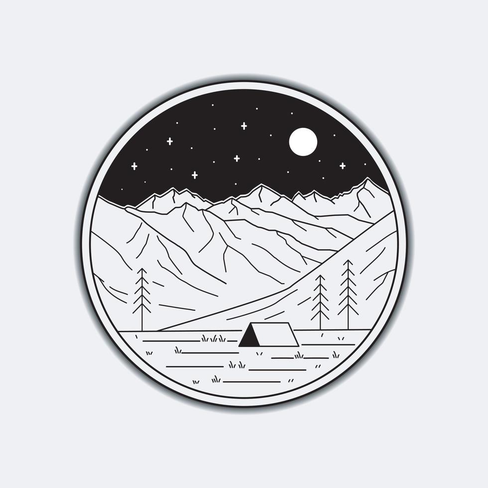 montagne e campeggio in arte al tratto mono, design badge patch, design emblema, design t-shirt vettore
