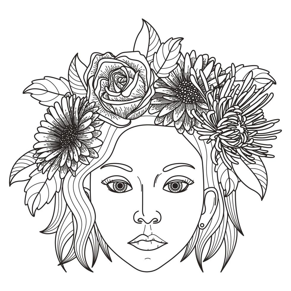 vettore ragazza acconciatura decorativa con fiori, foglie nei capelli in stile doodle. natura, ornato, illustrazione floreale. sfondo bianco e nero monocromatico. pagina del libro da colorare disegnato a mano di zentangle