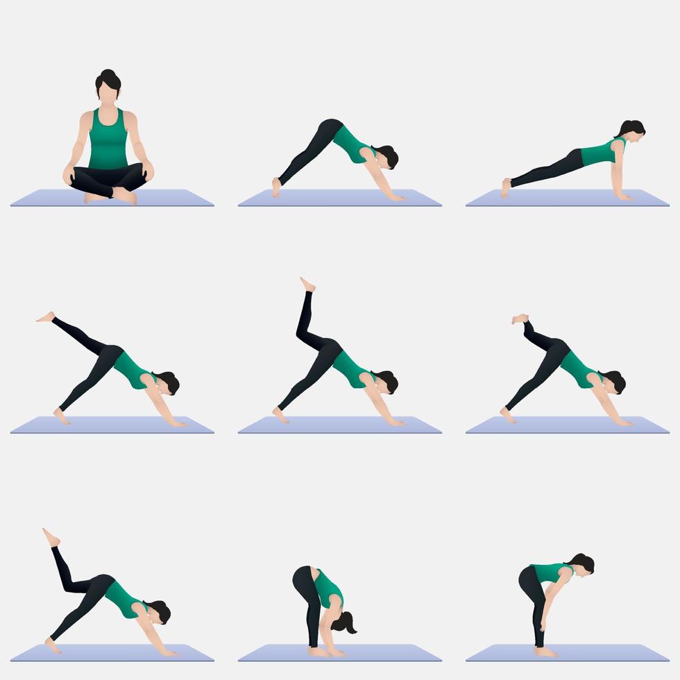 donna che fa yoga set di posizioni home workouts set fitness sport training concept design piatto su sfondo bianco vettore