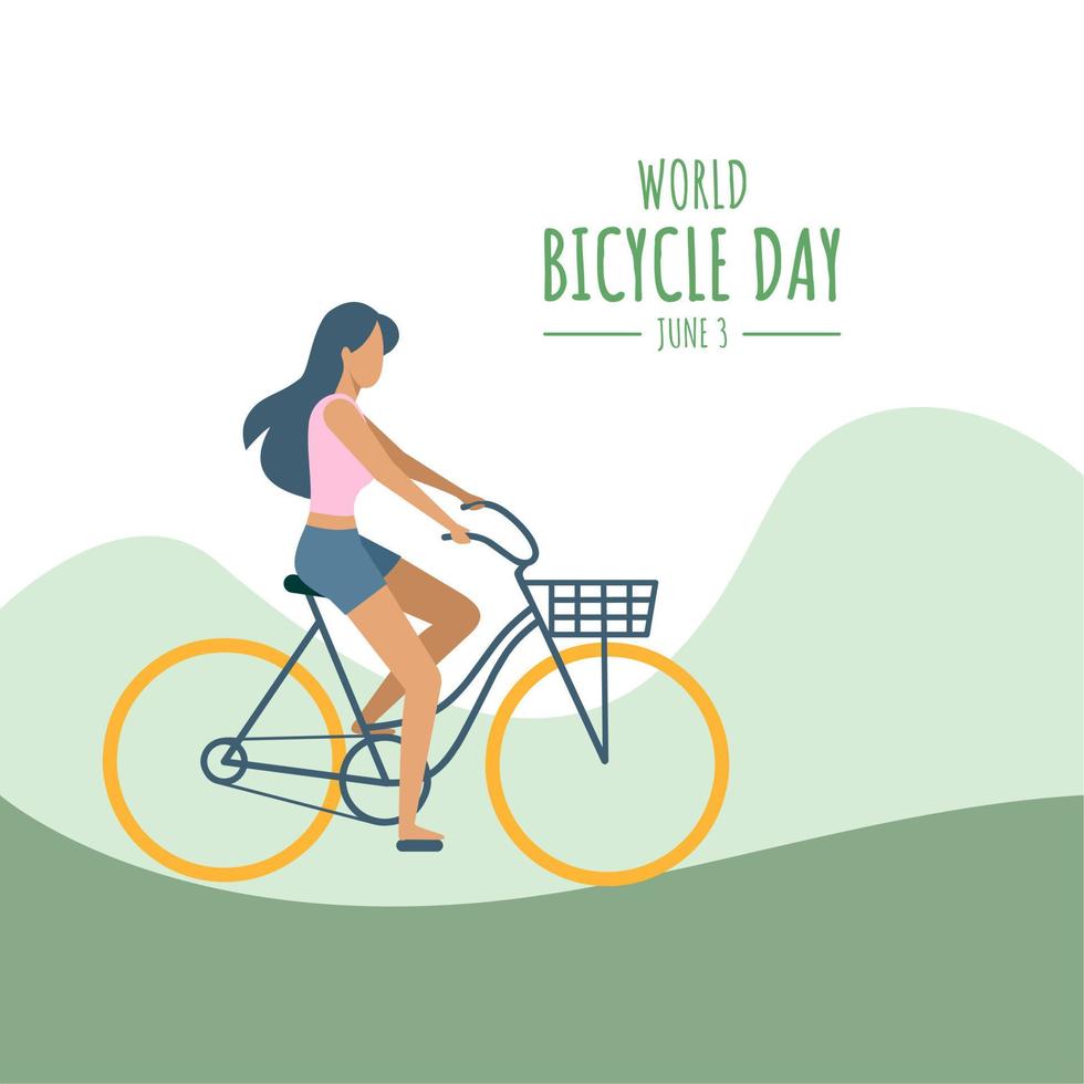 illustrazione vettoriale di una ragazza in bicicletta, design in stile piatto, come banner o poster, giornata mondiale della bicicletta.