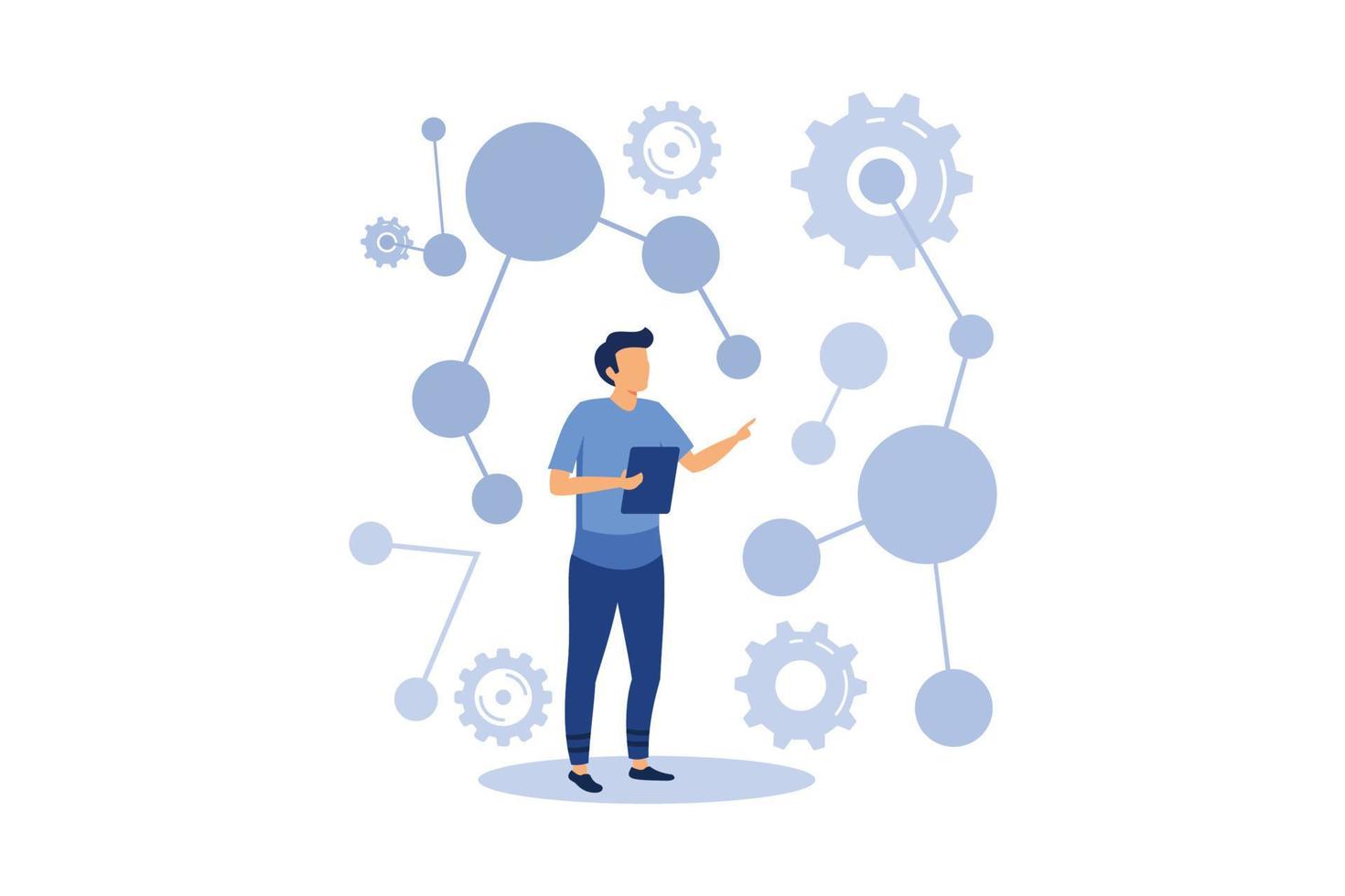 lo scienziato conduce studi di laboratorio e studia i dati statistici dei risultati. composto malekul e atomi. apprendimento automatico della tecnologia moderna, illustrazione del design vettoriale piatto