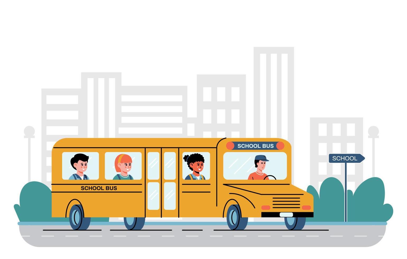 una simpatica illustrazione vettoriale di bambini o alunni che guidano in uno scuolabus giallo.