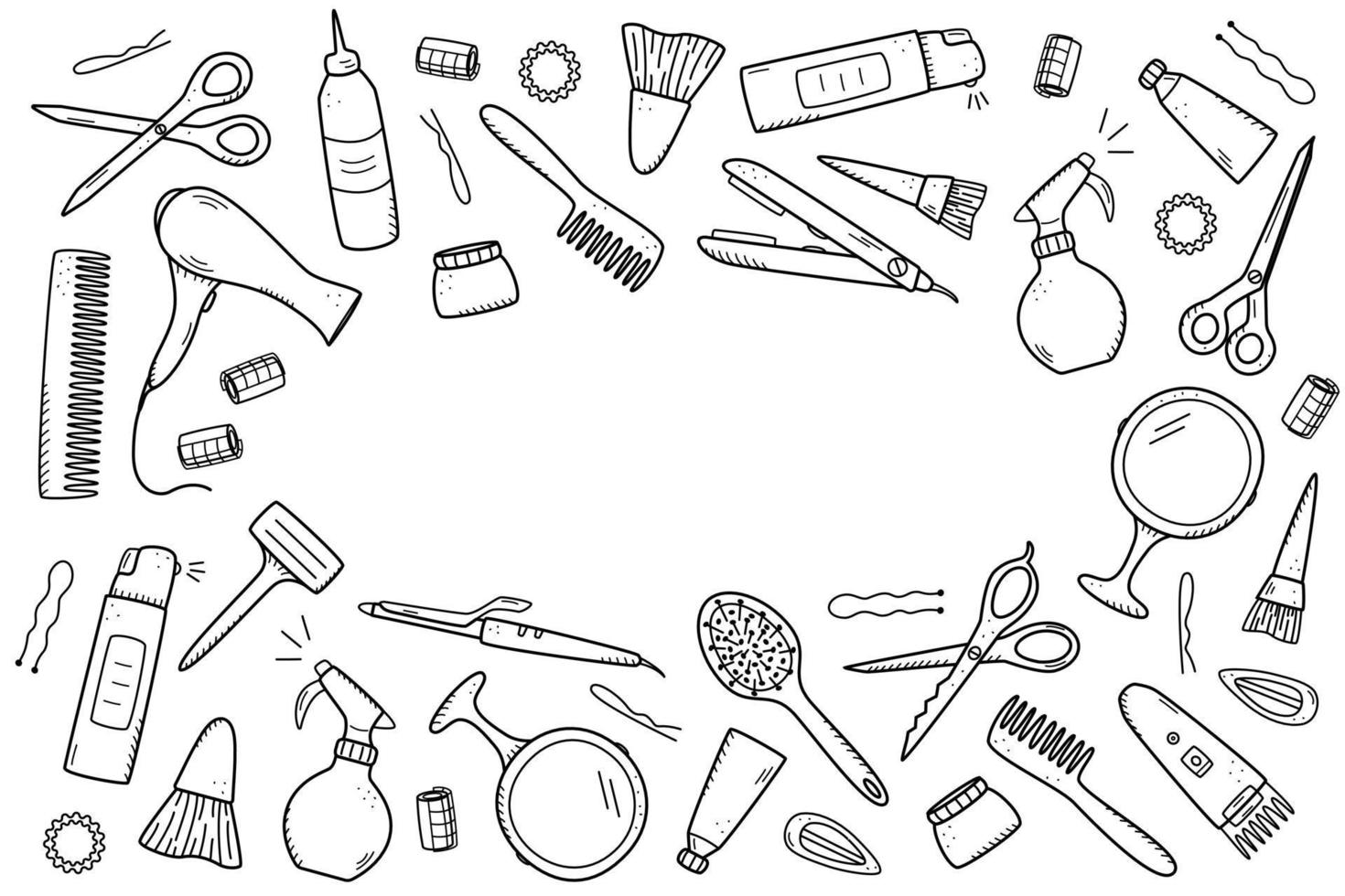 kit di strumenti per parrucchieri per salone di bellezza o uso domestico. illustrazione vettoriale di icone doodle per la cura di sé e dei capelli. pettine, rasoio, asciugacapelli, ferro arricciacapelli e altri oggetti