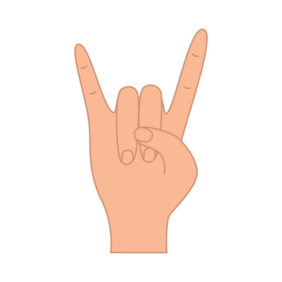 rock, gesto della mano in metallo pesante, illustrazione vettoriale su bianco, due dita in alto indice e mignolo.