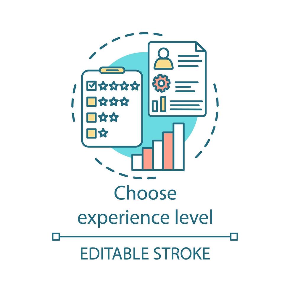 scegli l'icona del concetto di livello di esperienza. livelli di successo idea illustrazione linea sottile. feedback, valutazione dei dipendenti, cv, livello di soddisfazione e critica. disegno di contorno isolato vettoriale. tratto modificabile vettore