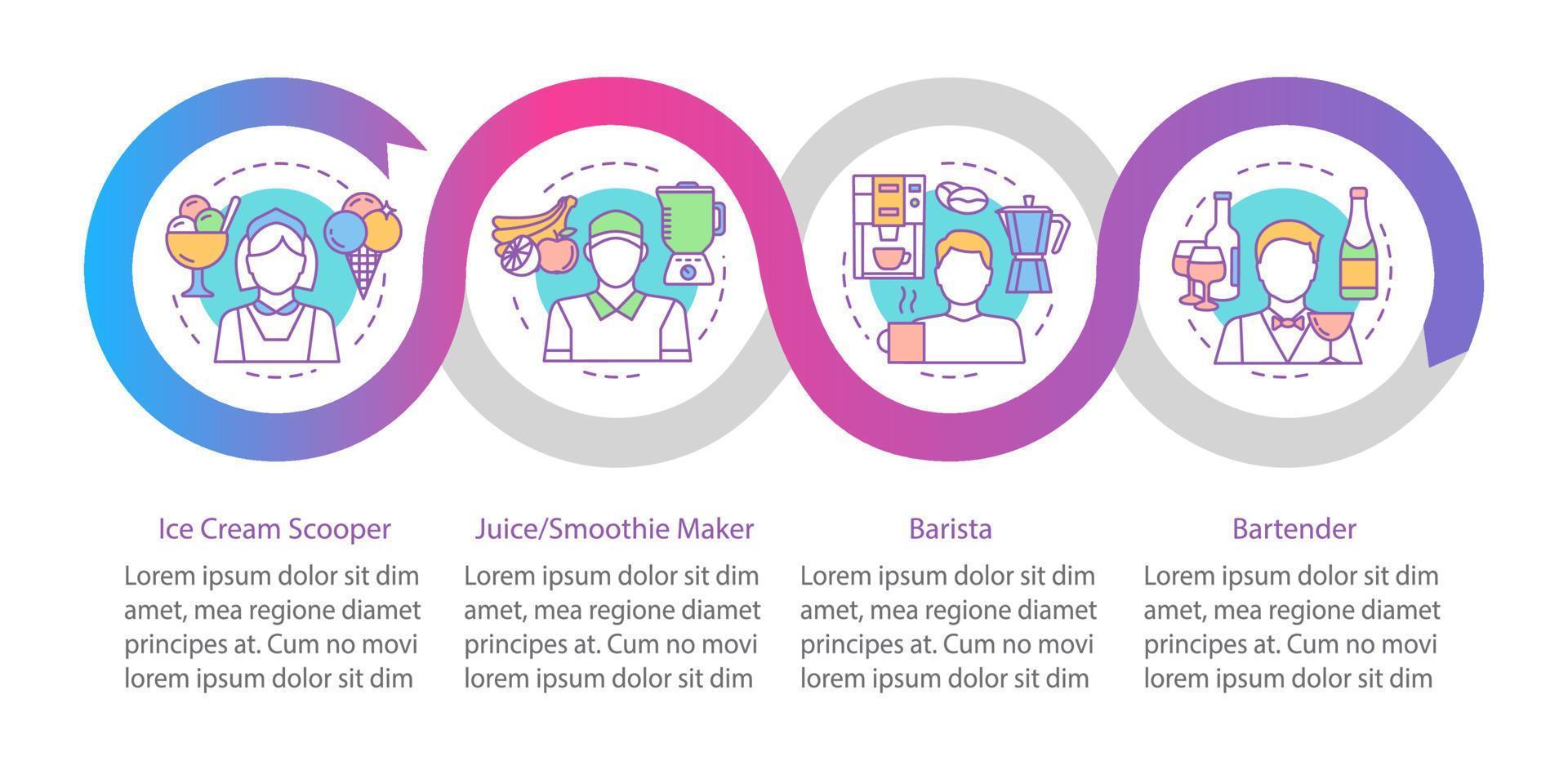 bar, fast food lavoro part-time modello di infografica vettoriale. elementi di design di presentazione aziendale. visualizzazione dei dati con cinque opzioni. grafico della sequenza temporale del processo. layout del flusso di lavoro con icone lineari vettore