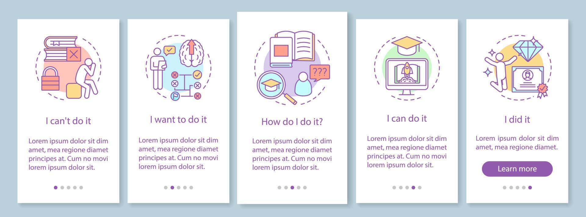 motivazione all'istruzione onboarding modello vettoriale dello schermo della pagina dell'app mobile. strada per il successo. carrierista, yuppie, maniaco del lavoro. passaggi del sito Web con illustrazioni lineari. ux, ui, gui concetto di interfaccia per smartphone