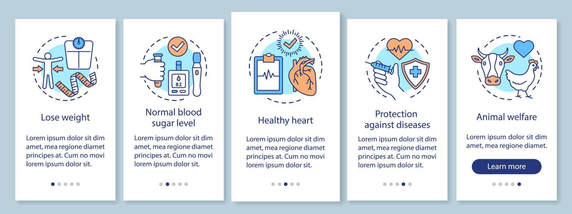 vantaggi vegani onboarding schermata della pagina dell'app mobile con concetti lineari. stile di vita vegetariano vantaggi procedura dettagliata istruzioni grafiche. ux, ui, modello vettoriale gui con illustrazioni