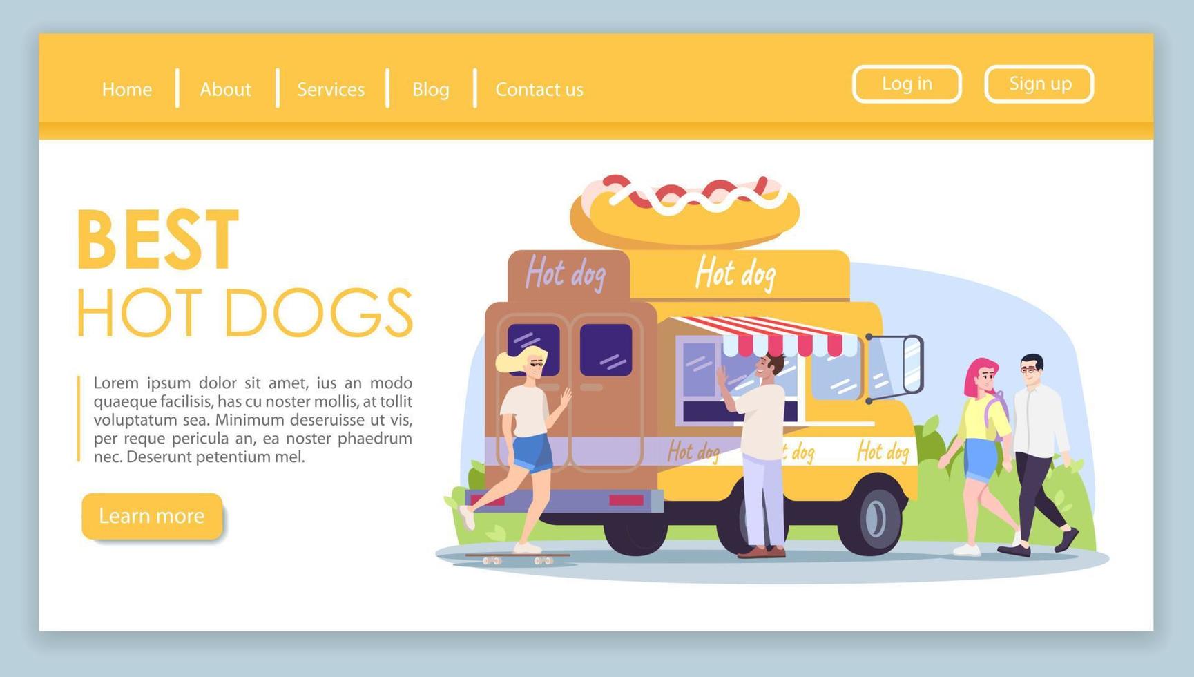 miglior modello vettoriale di pagina di destinazione di hot dog. idea dell'interfaccia del sito Web di un camion fast food con illustrazioni piatte. layout della homepage di vendita di cibo di strada. banner web picnic in città, concetto di cartone animato pagina web