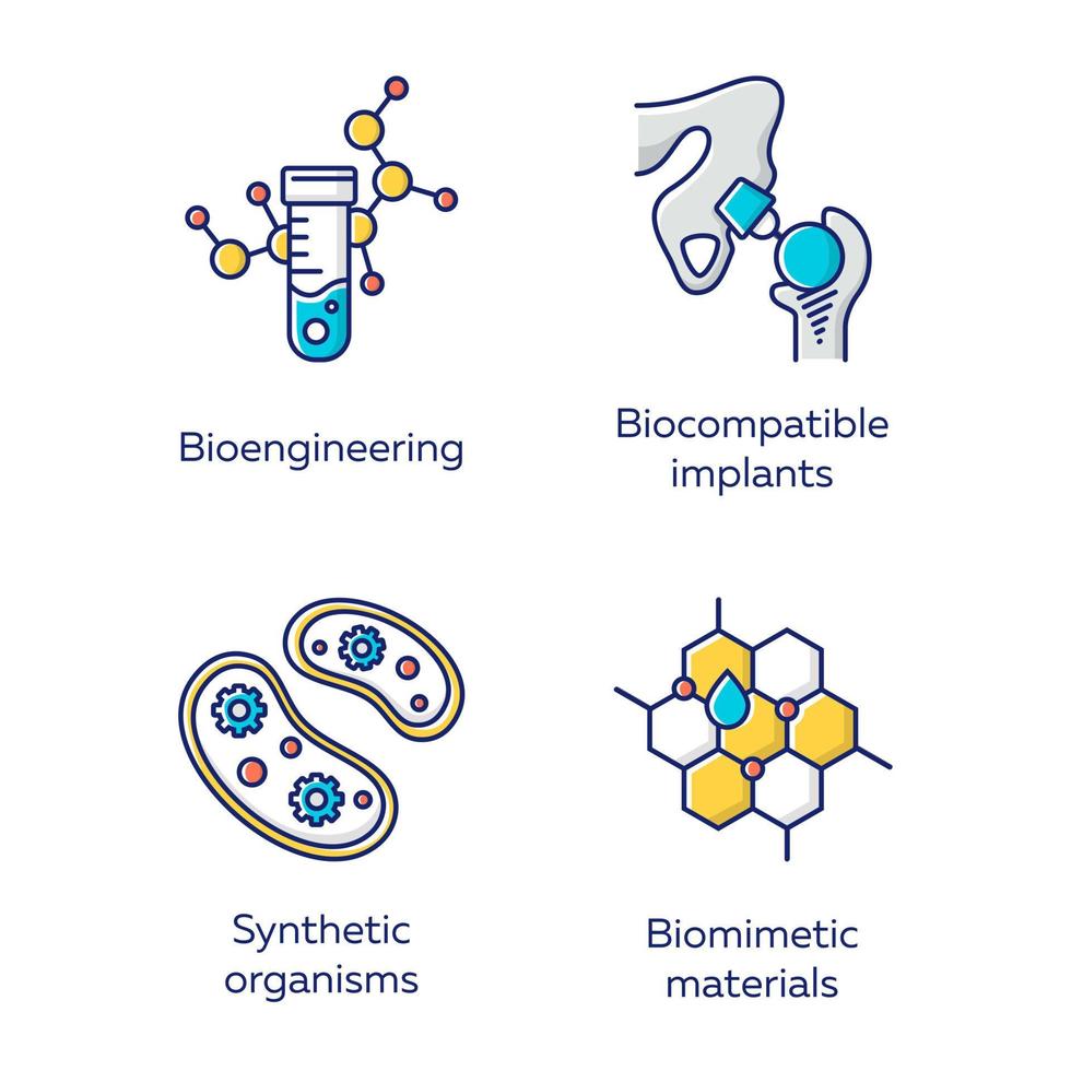 set di icone a colori di bioingegneria. biotecnologie per la salute, ricerca evolutiva, creazione di nuovi materiali. biochimica, OGM, impianto. illustrazioni vettoriali isolate